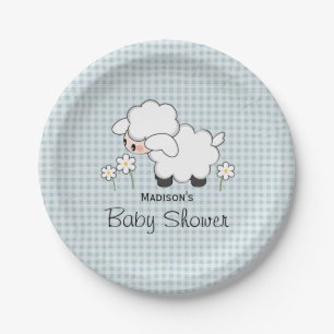 Blaue Gingham-Lamm-Baby-Dusche Pappteller
