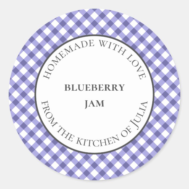 Blaue Gingham-Lebensmitteljar-Etiketten für hausge Runder Aufkleber (Vorderseite)