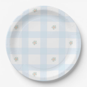 Blaue Gingham-Muster Blumen Cartoon-Partyartikel Pappteller