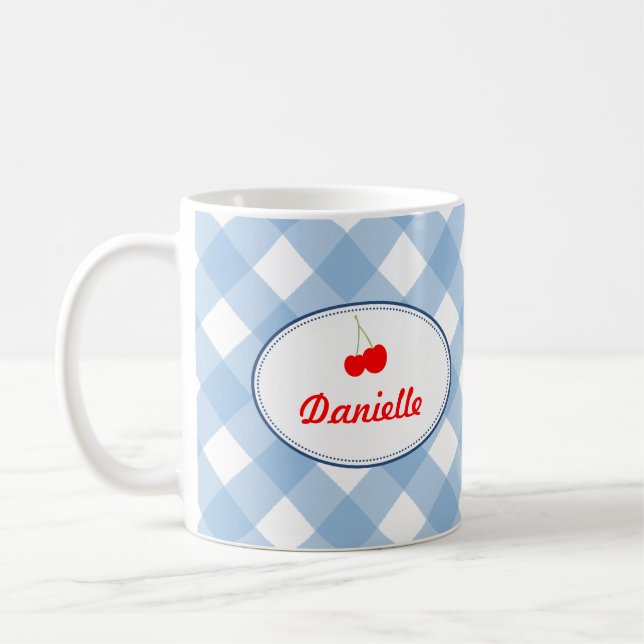 Blaue Gingham Muster Rote Kirsche Persönlich Kaffeetasse (Links)