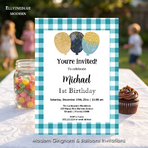 Blaue Gingham, Party Balloons 1. Geburtstag Einladung