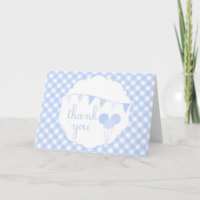 Blaue Gingham-Party-Fahnen-Ballone danken Ihnen zu Dankeskarte (Vorderseite)
