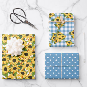 Blaue Gingham-Punkte-Sonnenblumen-Blumenmuster Geschenkpapier Set