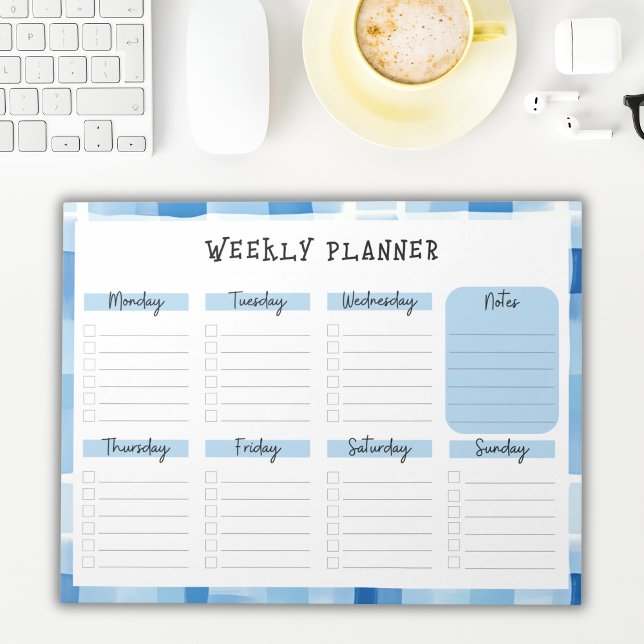Blaue Gingham-Rand, undatierter Wochenplaner Notizblock (Von Creator hochgeladen)