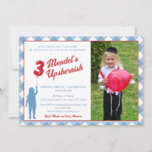 Blaue Gingham-Rot-Ballon-Upsherin-Foto-Einladung