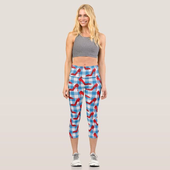 Blaue Gingham-Rupenschuhe Capri Leggings (Vorderseite)