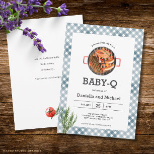 Blaue Gingham-Rustikal-Barbecue-Baby-Party Einladung
