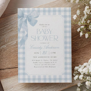 Blaue Gingham-Schleife Jungen-Baby-Party Einladung