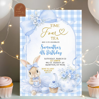 Blaue Gingham-Schleifen-Häschen-Teeparty zum viert Einladung