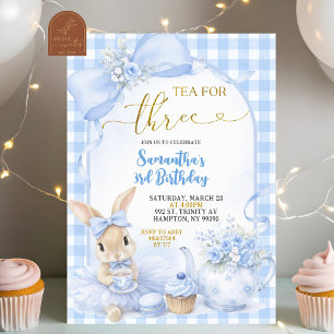 Blaue Gingham-Schleifen-Hasen-Teeparty Dritter Geb Einladung