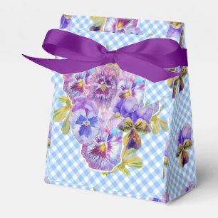 Blaue Gingham-Stiefmütterchen-Blumen-Hochzeitstort Geschenkschachtel