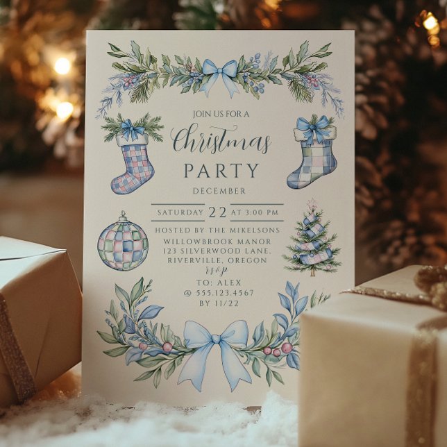 Blaue Gingham-Strumpf-Weihnachten Einladung (Von Creator hochgeladen)