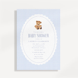 Blaue Gingham-Teddybär-Baby-Shower-Einladung Ankündigung