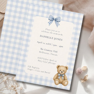 Blaue Gingham-Teddybär-Baby-Shower-Einladung Einladung
