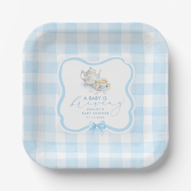 Blaue Gingham-Teeparty-Junge-Baby-Party Pappteller (Vorderseite)