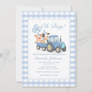 Blaue Gingham-Traktor-Baby-Shower-Tiere Einladung