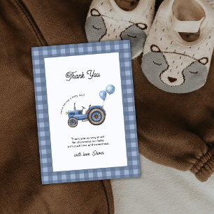 Blaue Gingham-Traktor-Ballon-Junge-Baby-Party  Dankeskarte