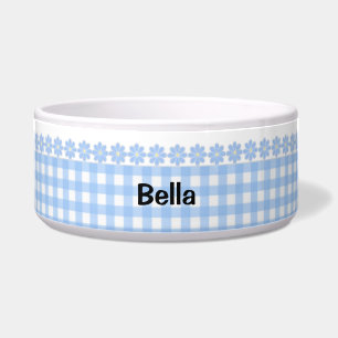 Blaue Gingham-und Blumen-Keramik-Hundeschüssel Napf