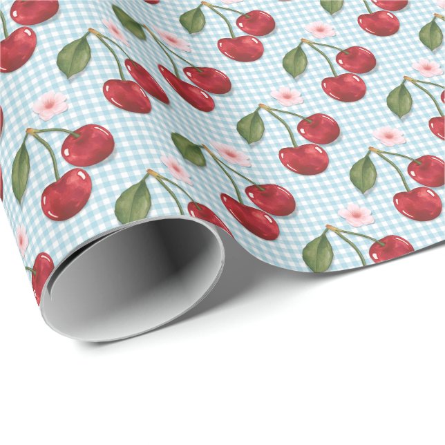 Blaue Gingham und Kirschen Geschenkpapier (Rolleneckpunkt)