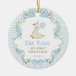 Blaue Gingham Verrückte Gans Baby Erstes Weihnacht Keramik Ornament