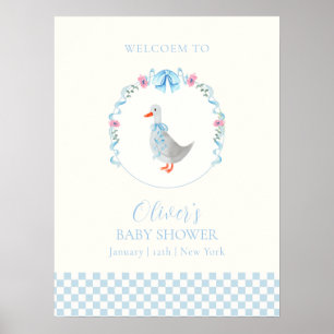 Blaue Gingham Verrückte Gans Junge Babyparty Begrü Poster