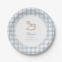 Blaue Gingham Vintage Schaukelpferd-Baby-Party