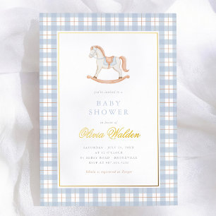 Blaue Gingham Vintage-Schaukelpferd-Baby-Shower Folieneinladung