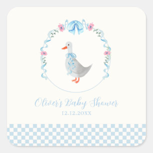Blaue Gingham-Wald-Silvester-Gans-Baby-Party Quadratischer Aufkleber