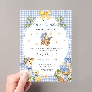Blaue Gingham-Wasserfarbe-Entlein-Baby-Party Acryleinladungen