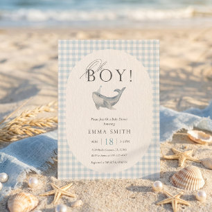 Blaue Gingham-Wasserfarbe-Wal Oh Boy Baby Shower Einladung