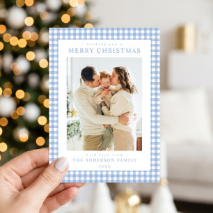 Blaue Gingham-Weihnachtsfoto Feiertagskarte