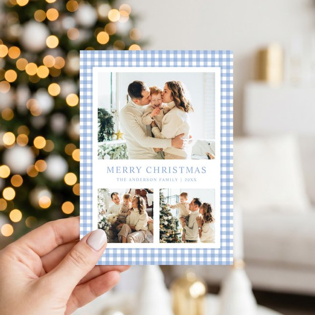 Blaue Gingham-Weihnachtsfoto Feiertagskarte (Von Creator hochgeladen)