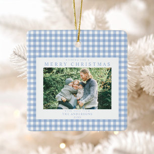 Blaue Gingham-Weihnachtsfoto Keramikornament