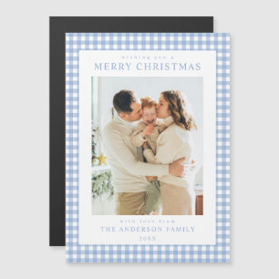Blaue Gingham-Weihnachtsfoto-Magnet-Weihnachtskart Magneteinladung