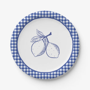 Blaue Gingham-Zitronen-Sommerfeier-Papier Pappteller