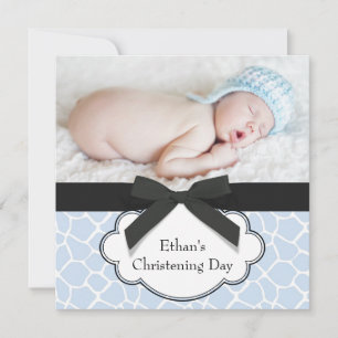 Blaue Giraffen-Baby-Jungen-Foto-Taufe Einladung