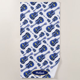 Blaue Gitarren-Muster Monogramm Strandtuch