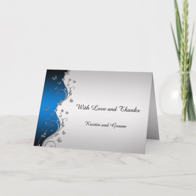 Blaue glänzende Silberschmetterlinge Hochzeit Verz Dankeskarte (Vorderseite)