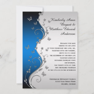 Blaue glänzende Silberschmetterlinge Hochzeit Verz Einladung