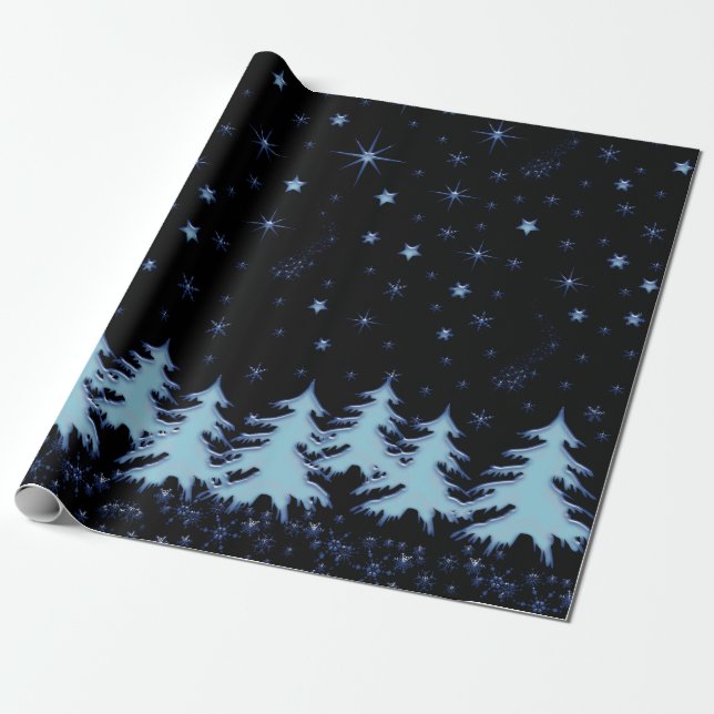 Blaue, glänzende Weihnachtsbäume und Sterne am Nac Geschenkpapier (Ungerollt)