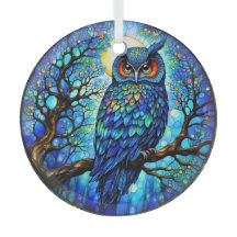 Blaue Glas-Eule in Buntglas - Runde Glasdekoration