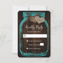 Blaue Glas-Mason-Töpfchen-Jute-Herzen Holz-Hochzei RSVP Karte