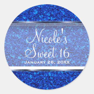 Blaue Glitter Glam Sweet 16 Benutzerdefinierte Par Runder Aufkleber