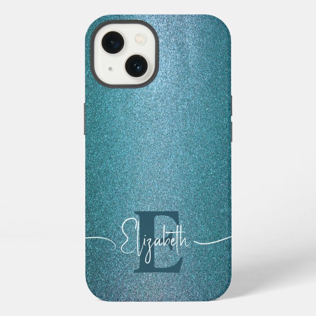 Blaue Glitter-Mode schick chic Monogramm iPhone Hülle (Rückseite)