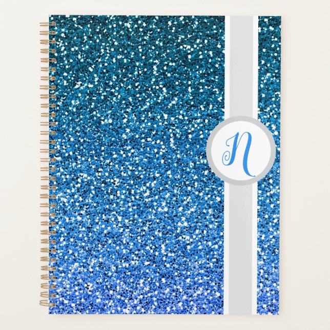 Blaue Glitter-Monogramm  Planer (Vorderseite)