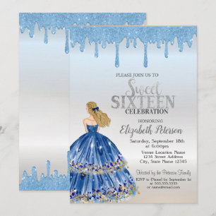 Blaue Glittertropfen, blaues Kleid Mädchen Sweet 1 Einladung