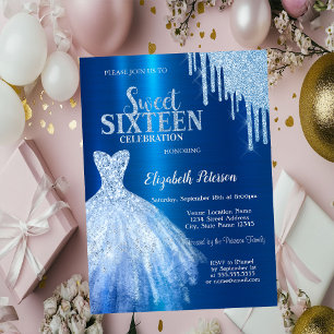 Blaue Glittertropfen, Metallicblaues Kleid Einladung