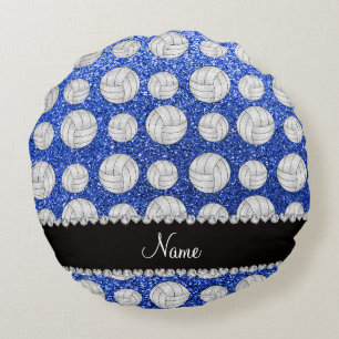 Blaue Glittervolleyball des individuellen Namens Rundes Kissen