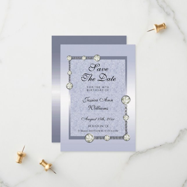 Blaue Glitzer & Diamantdekoration Geburtstag Save The Date (Vorderseite/Rückseite Beispiel)