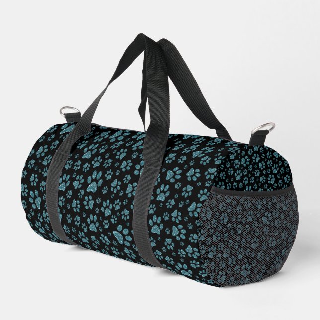 Blaue Glitzer-Pfoten Funkeleffekt schwarzer Hinter Duffle Bag (Rechte Ecke)